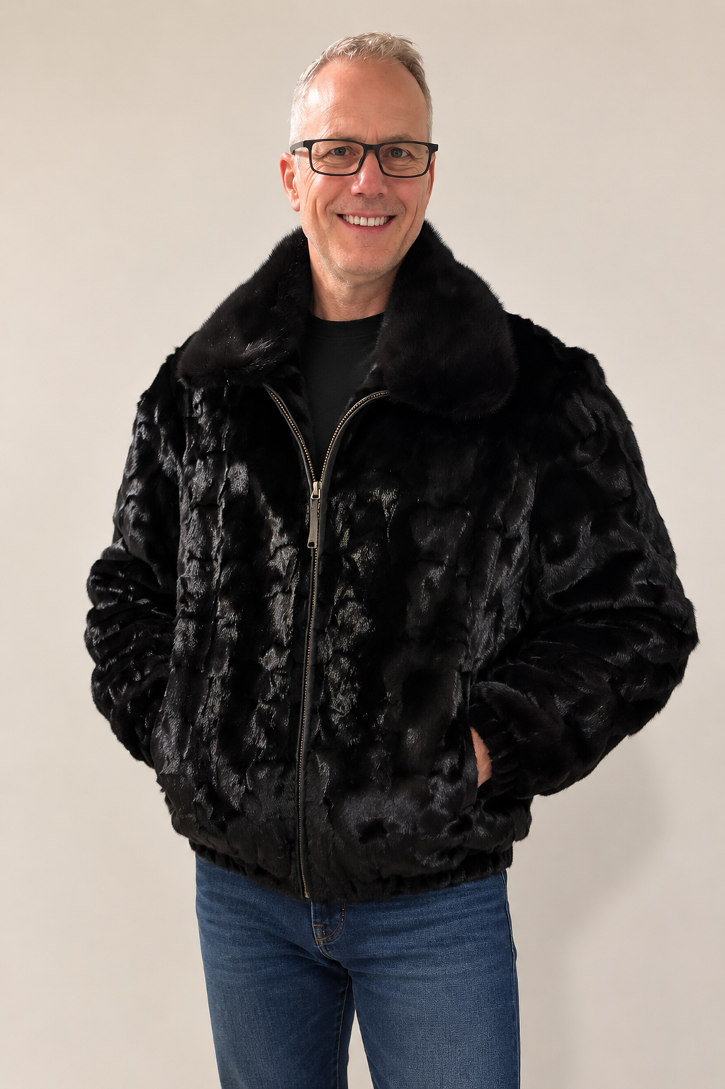 Men’s 4XL Black Sculptured Mink Fur Bomber Jacket – New With Tags
