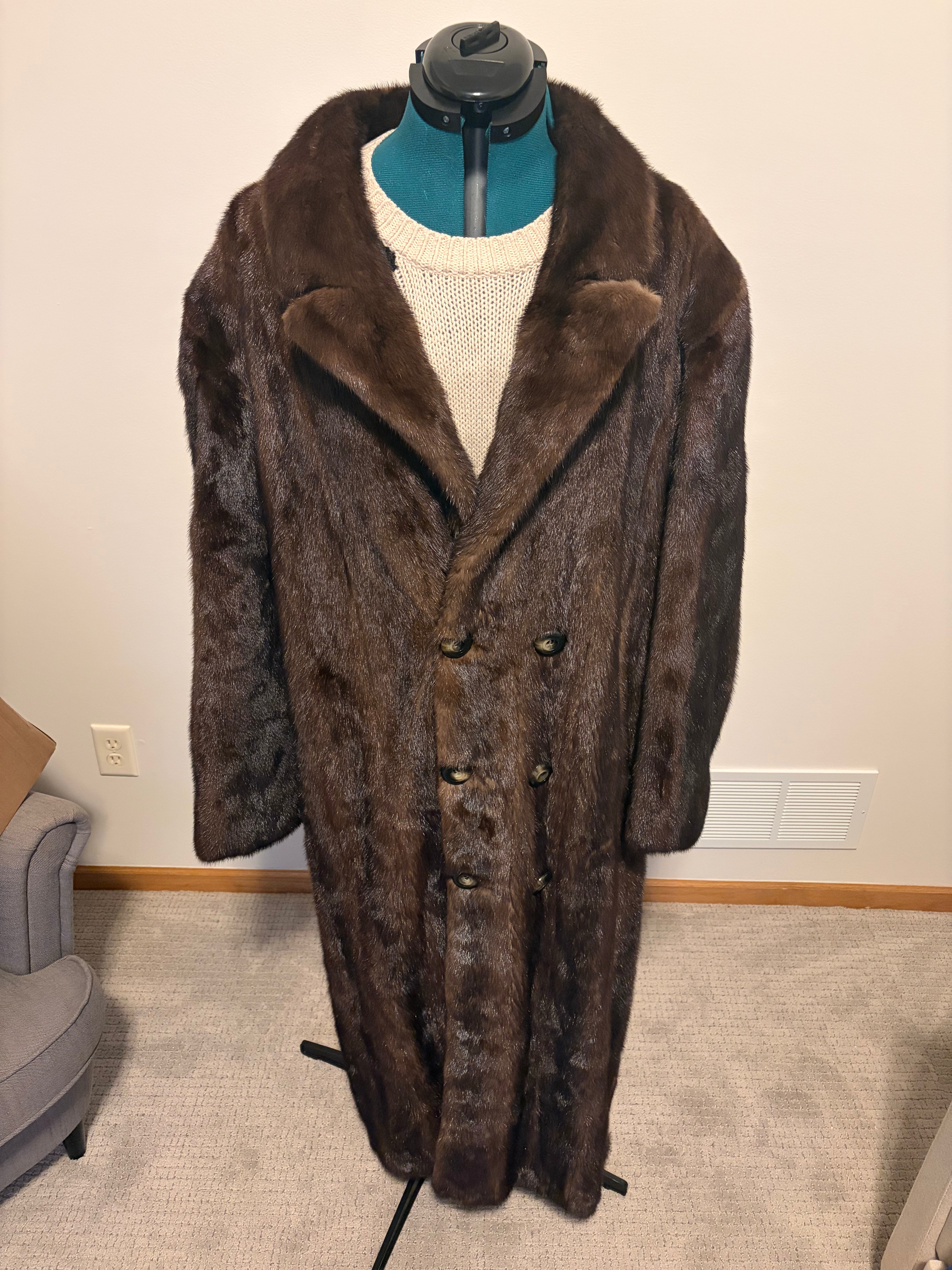 Vintage Men’s Ranch Mink Fur Coat Full Length 53” Double Breasted Brown XL