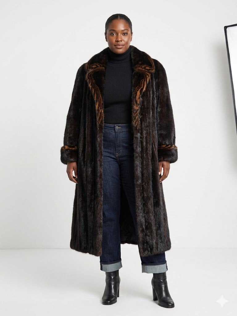 Vintage Dark Ranch Mink Coat w/ Mahogany Contrast Trim Shawl Collar Full Length Stroller