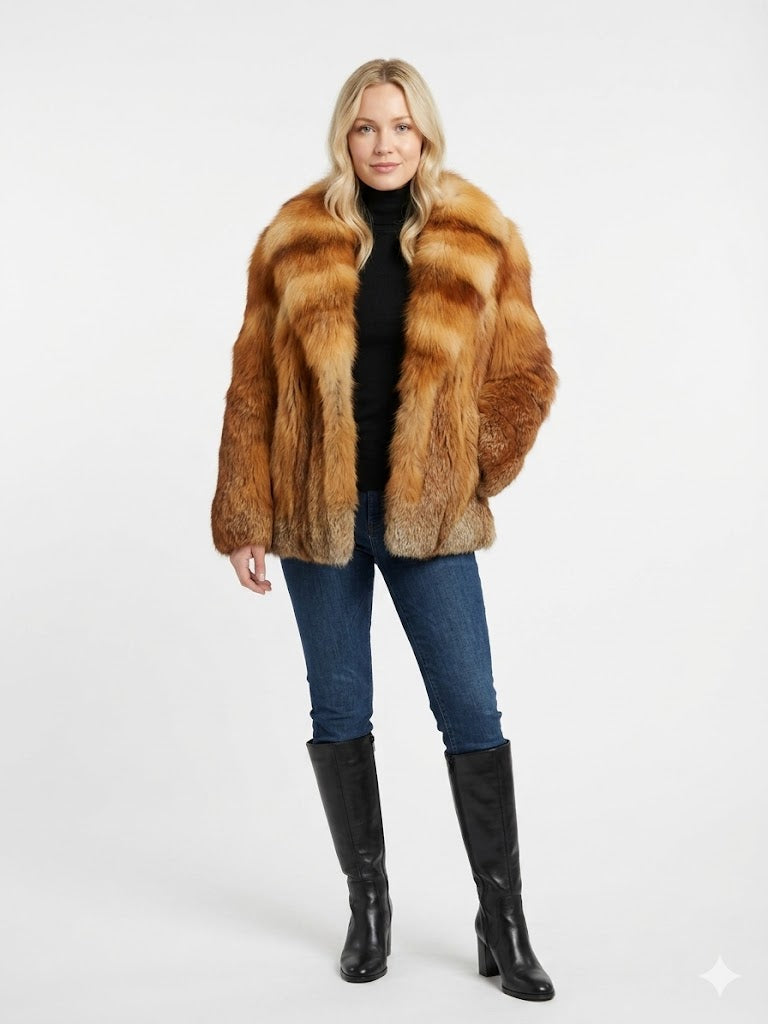 Vintage Red Fox Fur Jacket Cropped Bolero Belt Slits Shawl Collar Size Small