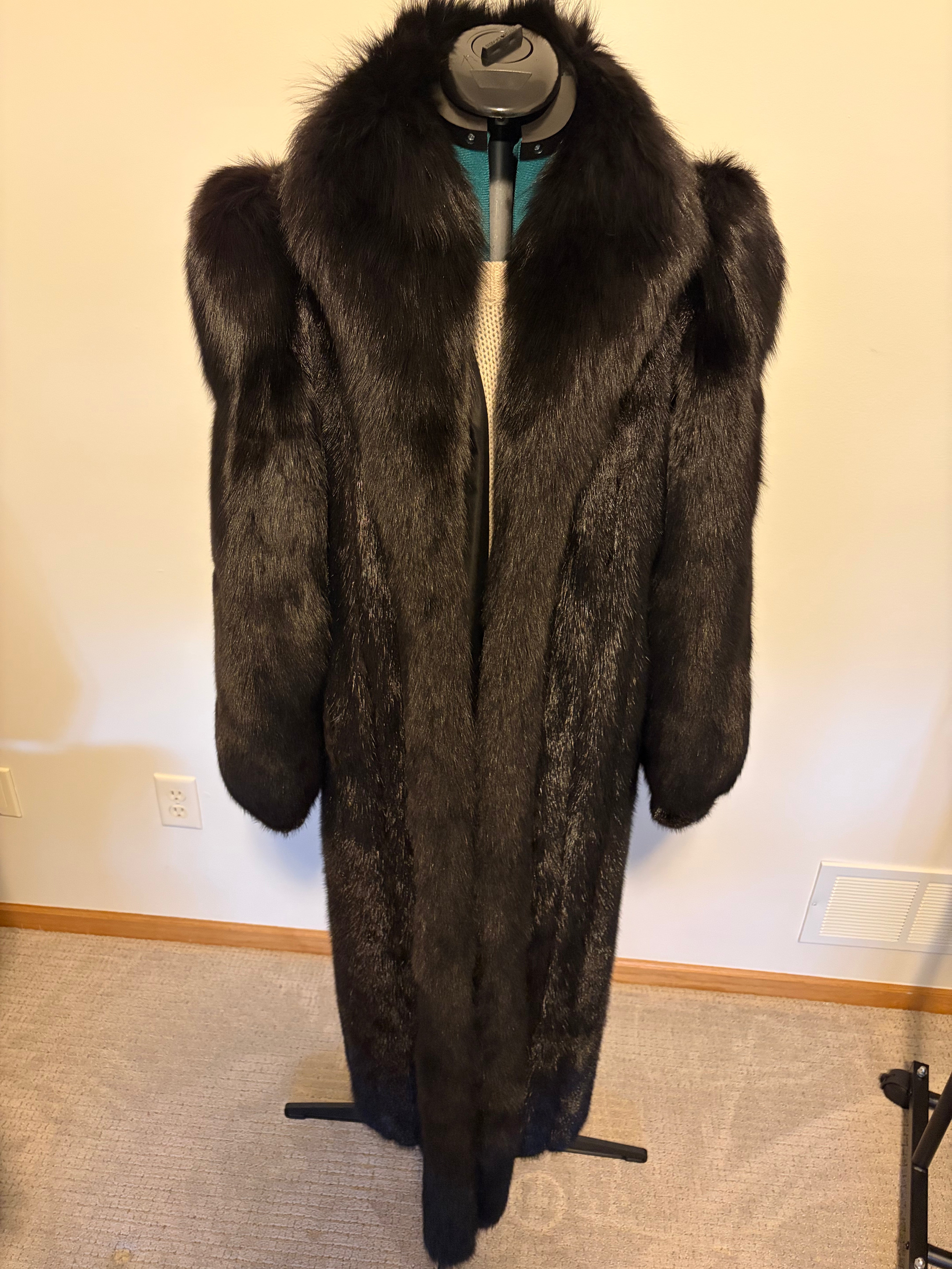 Vintage Rhomberg Furs Full-Length Black Mink Coat w/ Fox Sleeves & Full Fox Tuxedo Collar Size 10