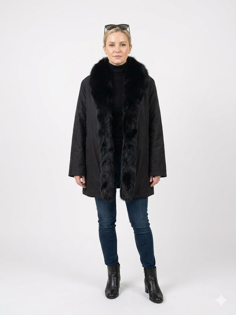 Black Reversible Mink Fur Coat Fox Collar – Luxury Swing Jacket Women’s Medium