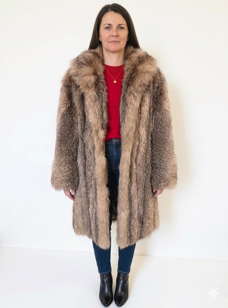Vintage Crystal Fox Fur Coat – Natural Silver Caramel Fox | Shawl Collar | Luxury Statement Piece Size Large