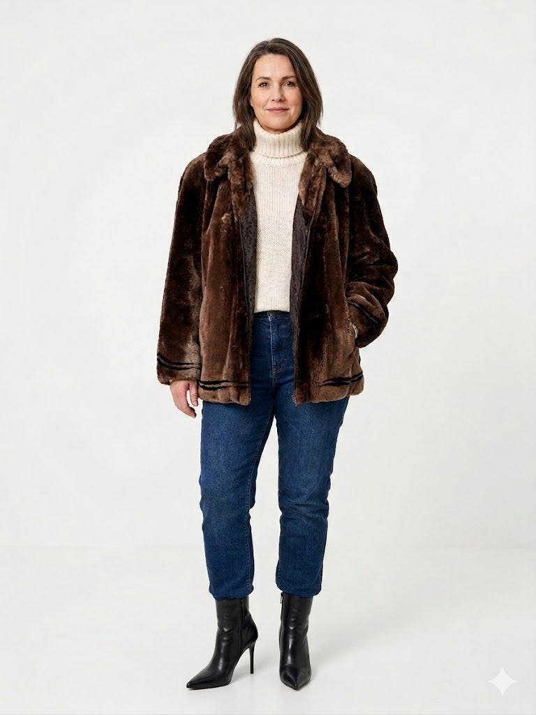 Women’s Sheared Beaver Fur Bomber Jacket – Chocolate Brown, Ultra Soft, Size XL To XXL