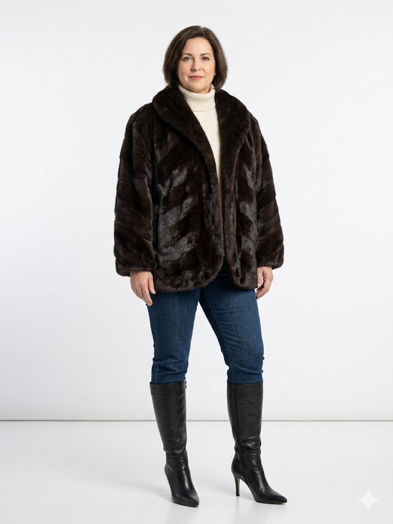Vintage Dark Brown Mink Fur Coat Women’s M Shawl Collar Bidirectional Pattern Rich Tones 32”