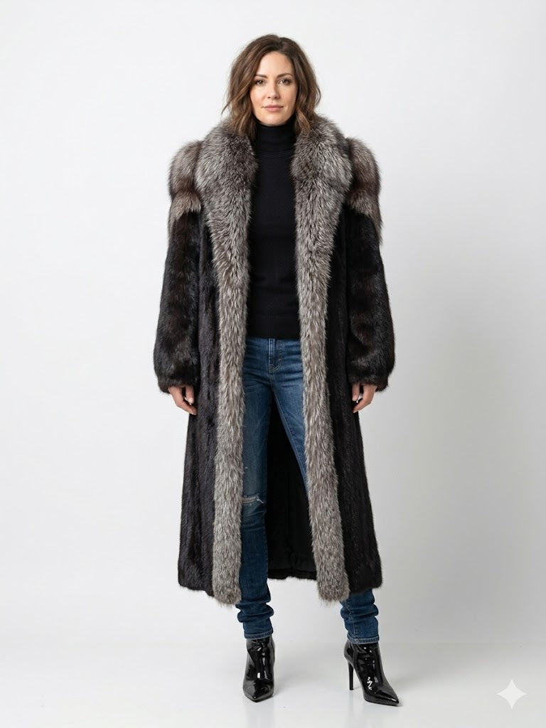 Vintage Full Length Dark Ranch Mink Fur Coat with Oversized Silver Fox Shawl Collar Saga Furs Size Medium