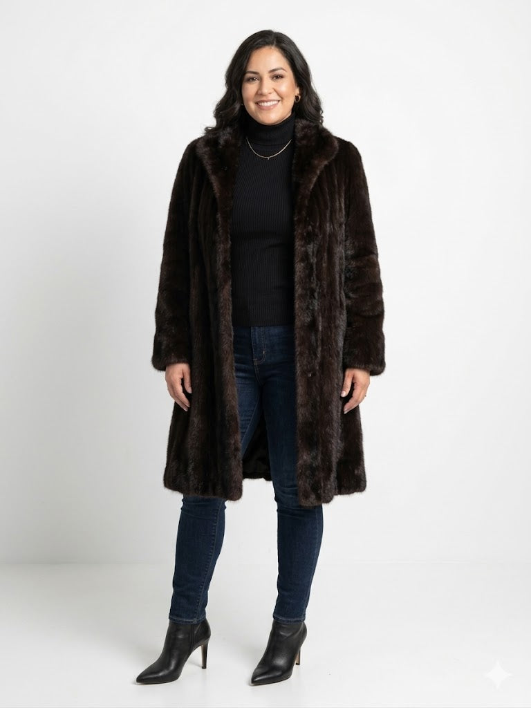 Vintage Somper Beverly Hills Ranch Mink Fur Coat – Bidirectional Pattern, Rich Espresso Brown, Shawl Collar, Women’s L/XL