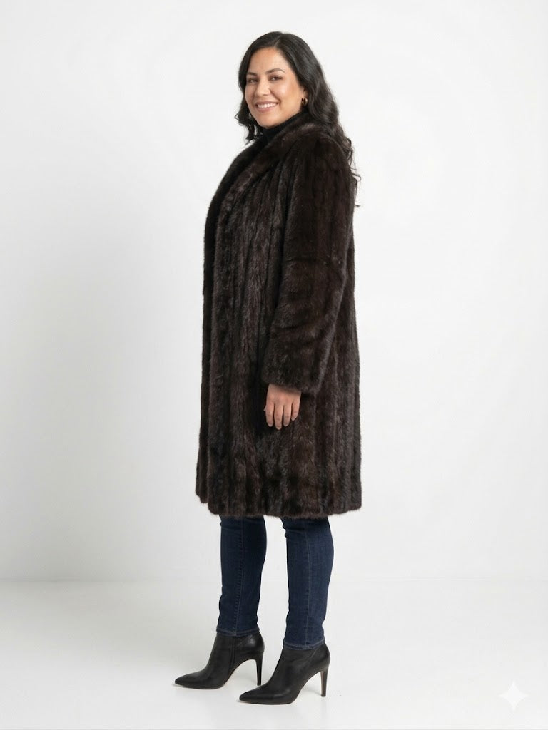 Vintage Somper Beverly Hills Ranch Mink Fur Coat – Bidirectional Pattern, Rich Espresso Brown, Shawl Collar, Women’s L/XL