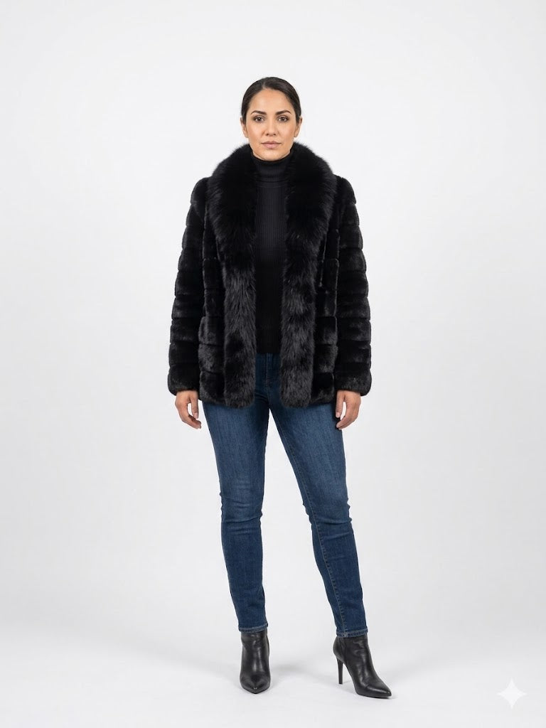 Vintage Black Mink Jacket with Full Fox Trim Collar And Inlays – Glossy Mink Fur Stroller Coat Women’s M