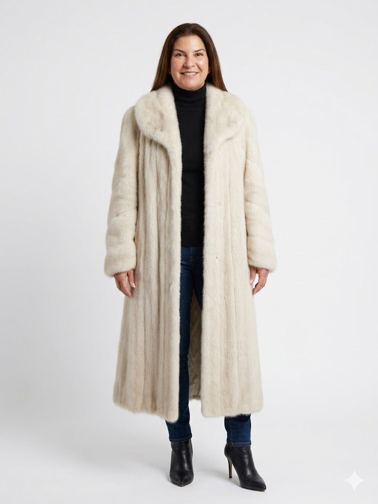Vintage Full Length Pastel Mink Fur Coat | Ivory Pearl Female Mink | 48” | Shawl Collar | Luxurious Sweep Size Medium Large