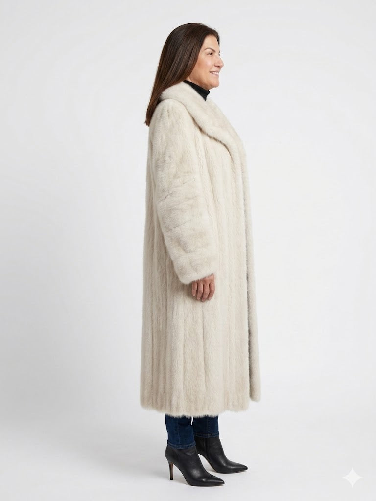 Vintage Full Length Pastel Mink Fur Coat | Ivory Pearl Female Mink | 48” | Shawl Collar | Luxurious Sweep Size Medium Large