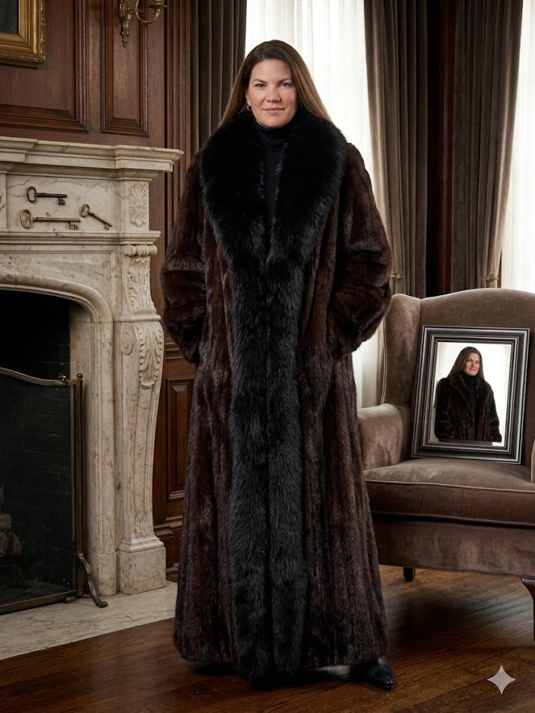 Vintage Dark Ranch Mink Full-Length Coat with Luxurious Tuxedo Fox Collar | Size 14 | 54” Length
