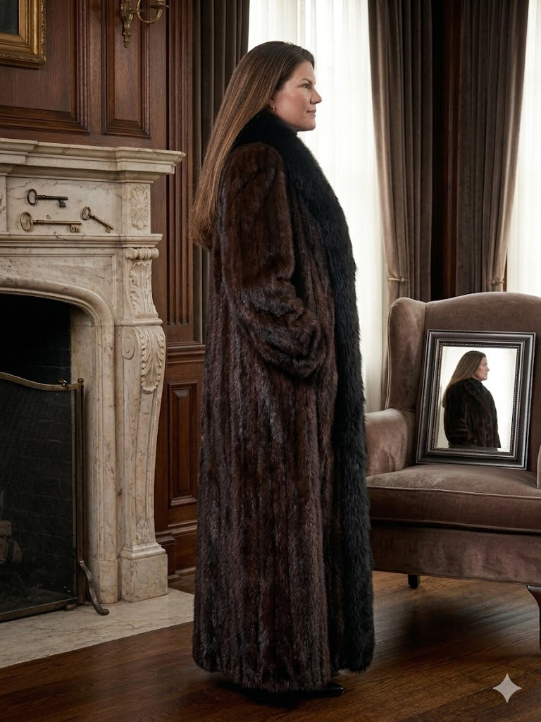Vintage Dark Ranch Mink Full-Length Coat with Luxurious Tuxedo Fox Collar | Size 14 | 54” Length