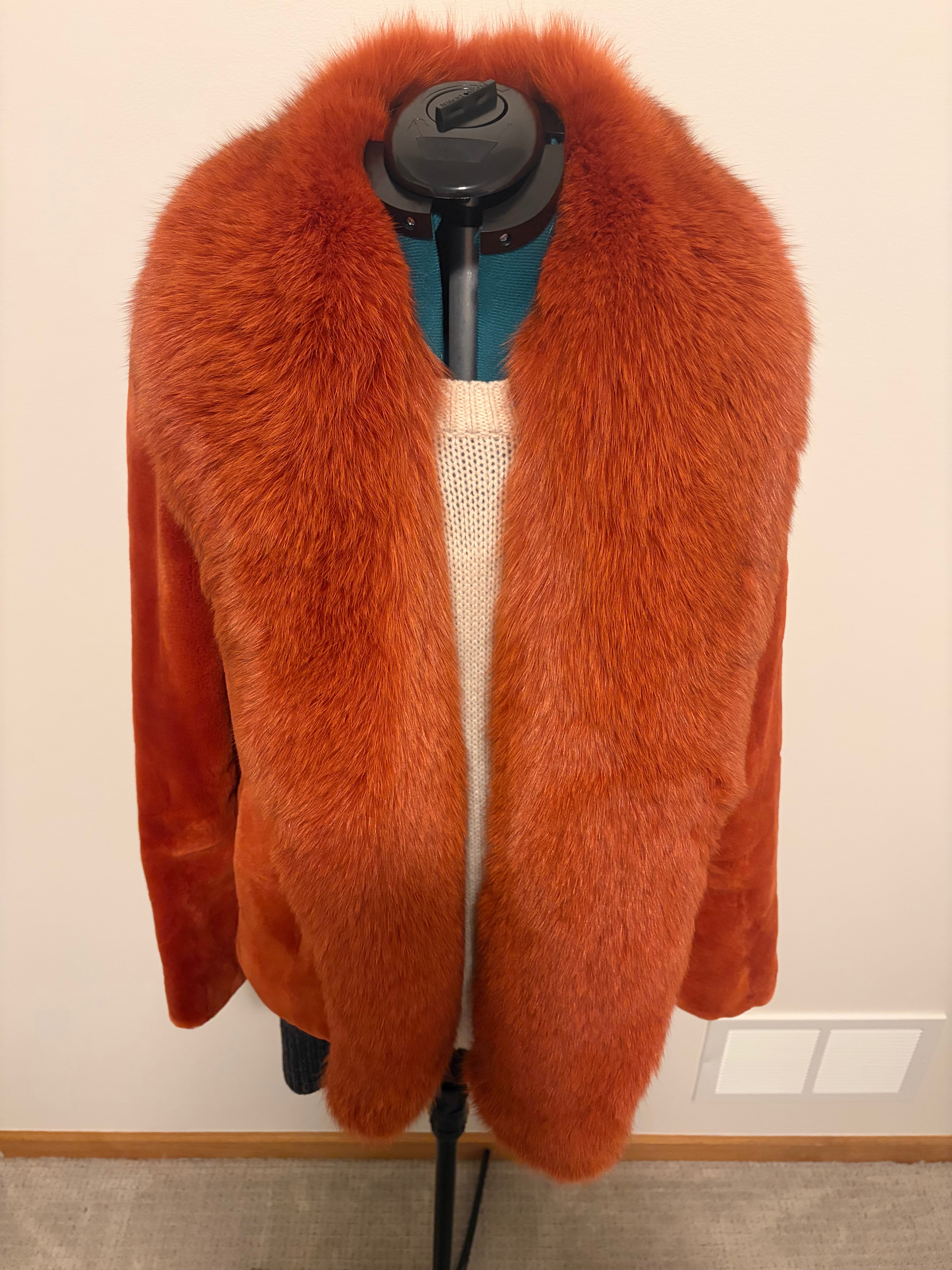 Vintage Burnt Orange Sheared Mink Fur Jacket with Fox Tuxedo Collar – Size 10