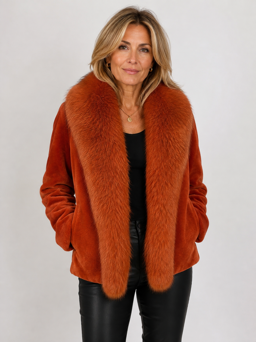 Vintage Burnt Orange Sheared Mink Fur Jacket with Fox Tuxedo Collar – Size 10