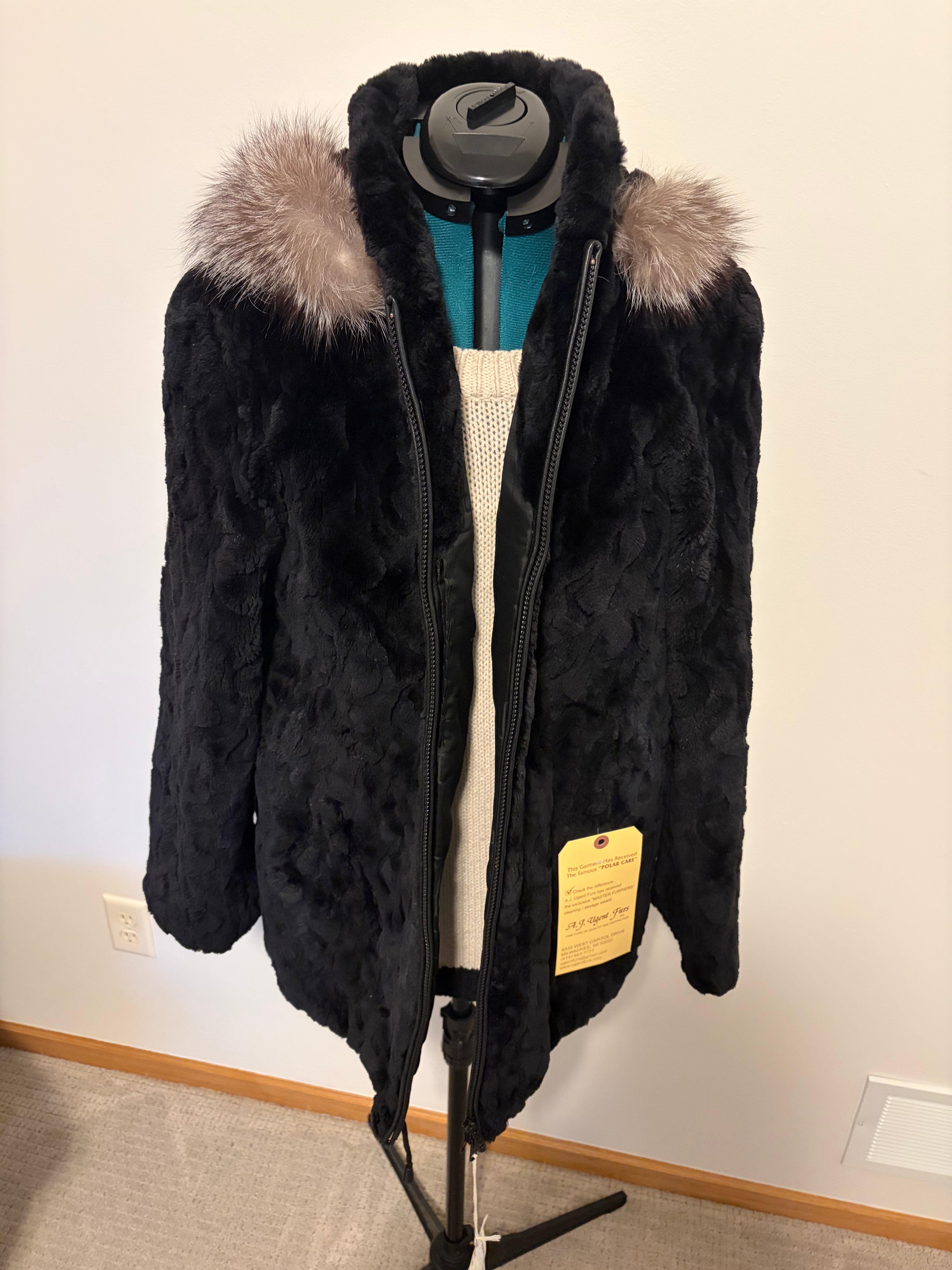 Black Laser-Cut Sheared Beaver Fur Jacket with Indigo Fox Trim & Removable Hood – Medium