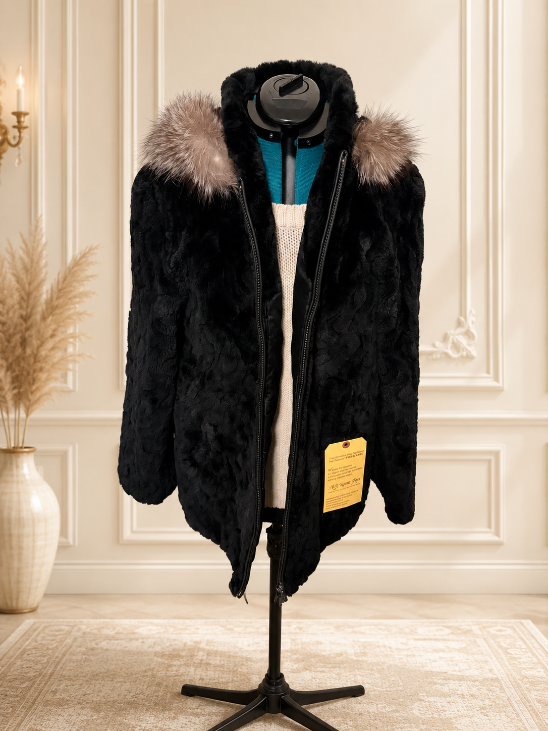 Black Laser-Cut Sheared Beaver Fur Jacket with Indigo Fox Trim & Removable Hood – Medium